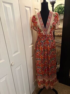 Angie Maxi Dress in Peach, Red, Orange, Pink & Green Floral Print